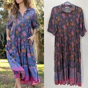 NATURAL LIFE Vibrant Floral Maxi Dress - Gray with Pink and Orange
